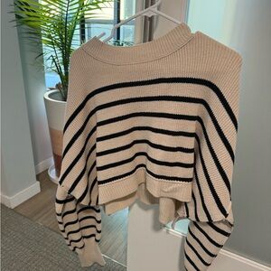 Free People Easy Street Crop Black and Cream Crew Neck Sweater